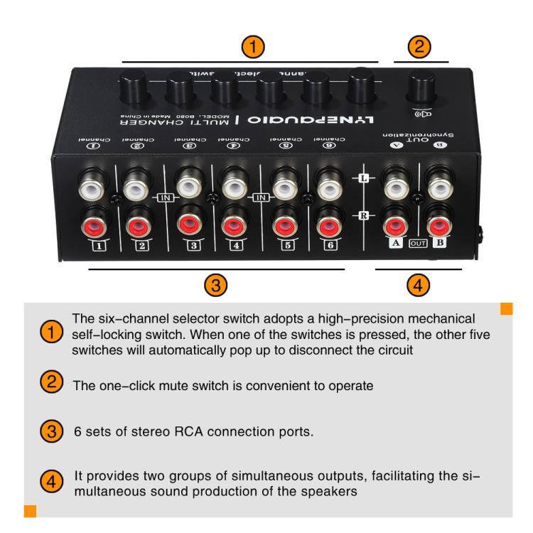 B080 6 Eingänge 2 Ausgänge Audio-Signalwähler Audio-Umschalter, 2-Kanal Synchronous Output RCA Schnittstelle, B080