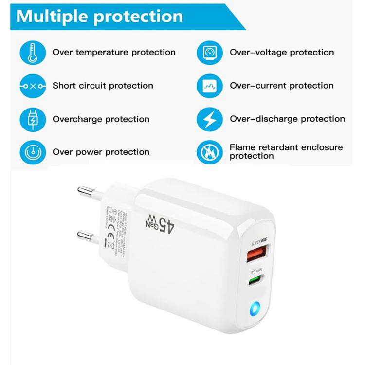 GaN 45W PD3.0 + QC3.0 vollständig kompatibles Protokoll-Ladegerät für Laptops / Tablets, EU-Stecker, EU-Stecker