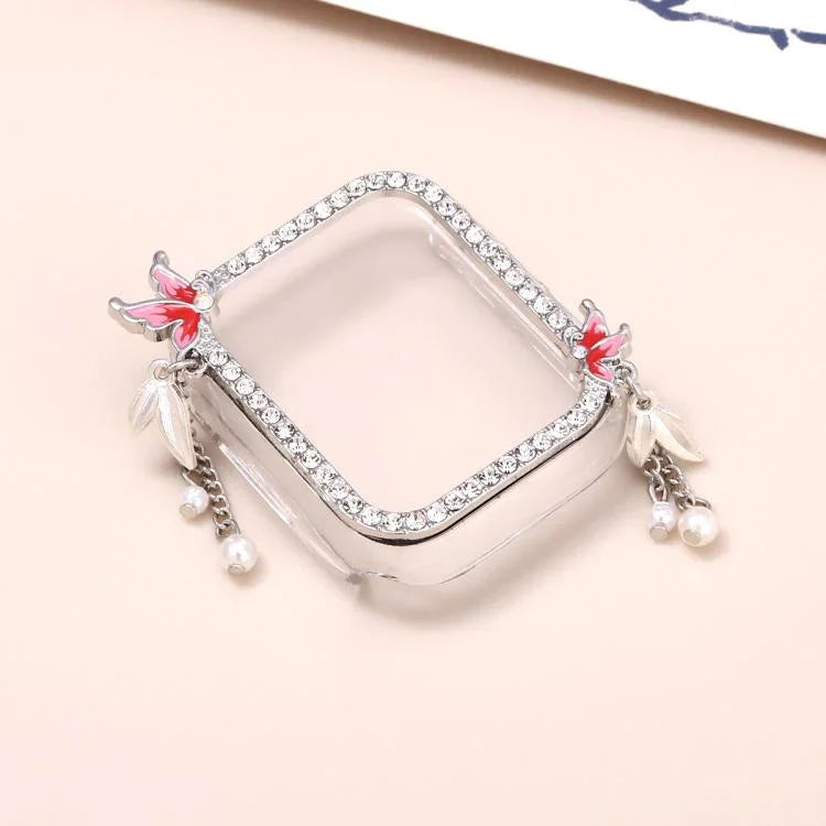 Uhrengehäuse aus Polycarbonat mit Quasten-Schmetterling und Diamantverzierung, passend für Apple Watch Series 6/5/4 &amp; SE (44 mm, 40 mm, 45 mm und 41 mm).