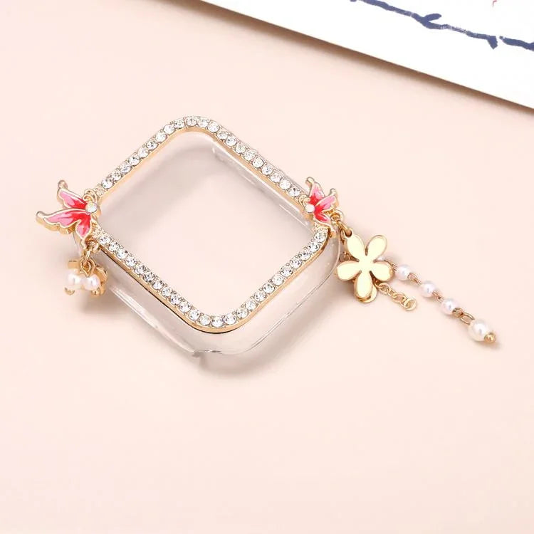 Uhrengehäuse aus Polycarbonat mit Quasten-Schmetterling und Diamantverzierung, passend für Apple Watch Series 6/5/4 &amp; SE (44 mm, 40 mm, 45 mm und 41 mm).