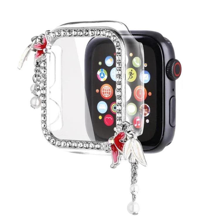 Uhrengehäuse aus Polycarbonat mit Quasten-Schmetterling und Diamantverzierung, passend für Apple Watch Series 6/5/4 &amp; SE (44 mm, 40 mm, 45 mm und 41 mm).