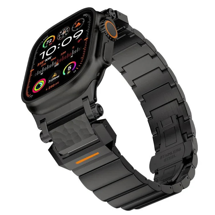 Uhrenarmband mit Hammerschlag-Muster, Schmetterlingsschließe, Edelstahlkopf, einreihig, Titanlegierung, für Apple Watch 46 mm / 49 mm / 45 mm / 44 mm