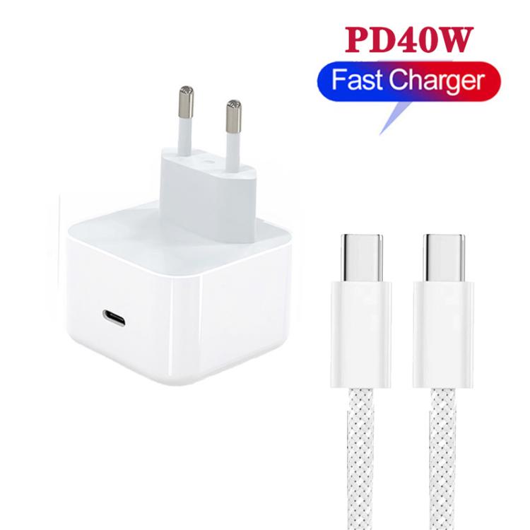 A3365 PD40W USB-C / Typ-C Ladegerät mit Typ-C zu Typ-C Datenkabel, EU Stecker, EU Stecker + 1m Typ-C Kabel, EU Stecker + 2m Typ-C Kabel