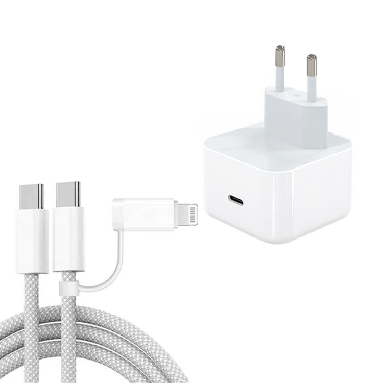 A3365 PD40W USB-C / Typ-C Ladegerät mit Typ-C zu Typ-C / 8 Pin Datenkabel, EU Stecker, EU Stecker + 1m 2-in-1 Kabel