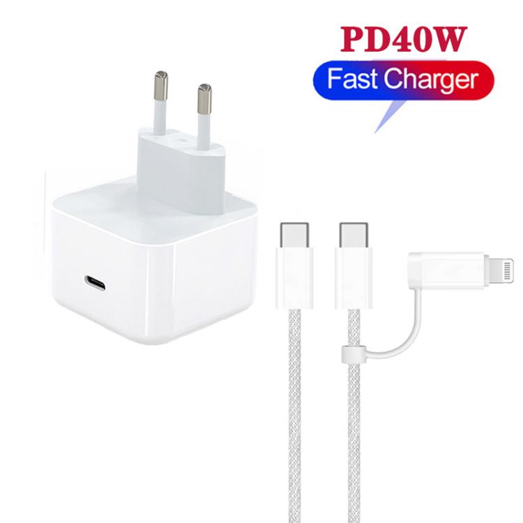 A3365 PD40W USB-C / Typ-C Ladegerät mit Typ-C zu Typ-C / 8 Pin Datenkabel, EU Stecker, EU Stecker + 1m 2-in-1 Kabel