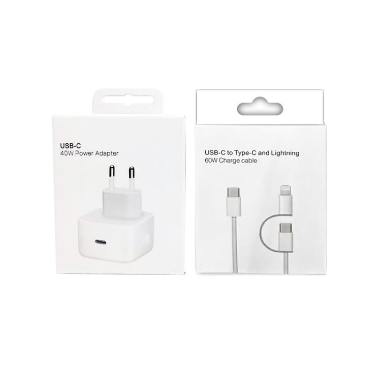 A3365 PD40W USB-C / Typ-C Ladegerät mit Typ-C zu Typ-C / 8 Pin Datenkabel, EU Stecker, EU Stecker + 1m 2-in-1 Kabel