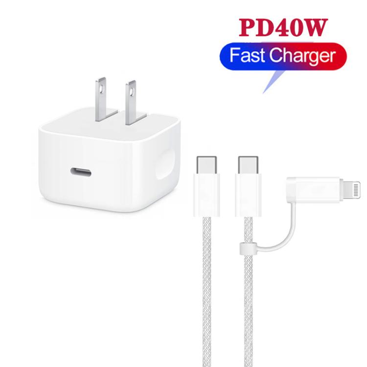 A3365 PD40W USB-C / Typ-C Ladegerät mit Typ-C zu Typ-C / 8 Pin Datenkabel, US Stecker, US Stecker + 1m 2-in-1 Kabel