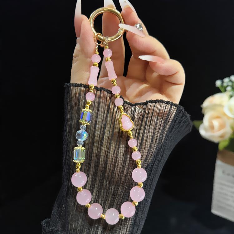 Elegante Kürbis Bambus Jade Perlen Telefonkette, Rosa, Weiß, Grün