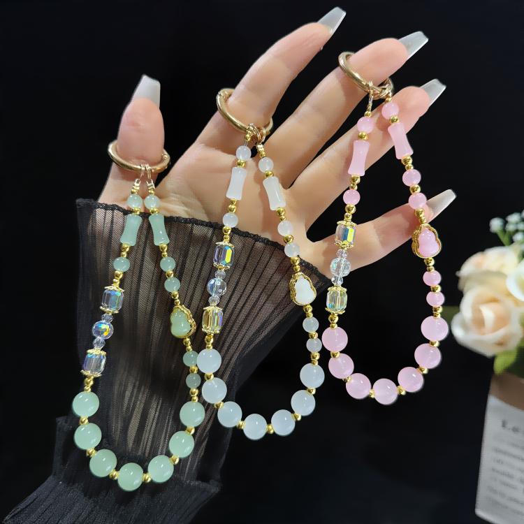 Elegante Kürbis Bambus Jade Perlen Telefonkette, Rosa, Weiß, Grün