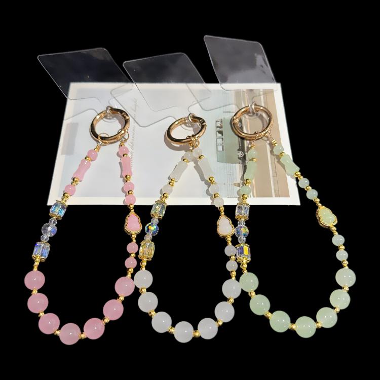 Elegante Kürbis Bambus Jade Perlen Telefonkette, Rosa, Weiß, Grün