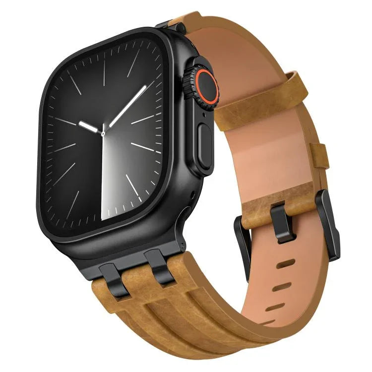 Uhrenarmband aus veganem Crazy Horse Leder mit Edelstahlschnalle, Schwarz, für Apple Watch 46mm / 49mm / 45mm / 44mm