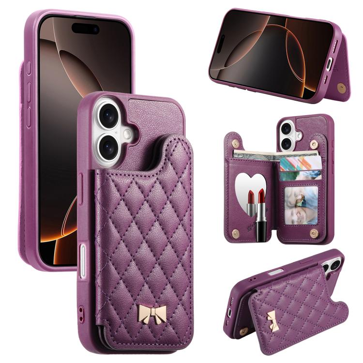 Spiegel, rautenförmige Textur, Metallschleife, veganes Leder, Kartenfach, Handyhülle, für iPhone 17 Pro Max, für iPhone 17 Pro, für iPhone 17, für iPhone 16 Pro Max, für iPhone 16 Pro, für iPhone 16 Plus, für iPhone 16