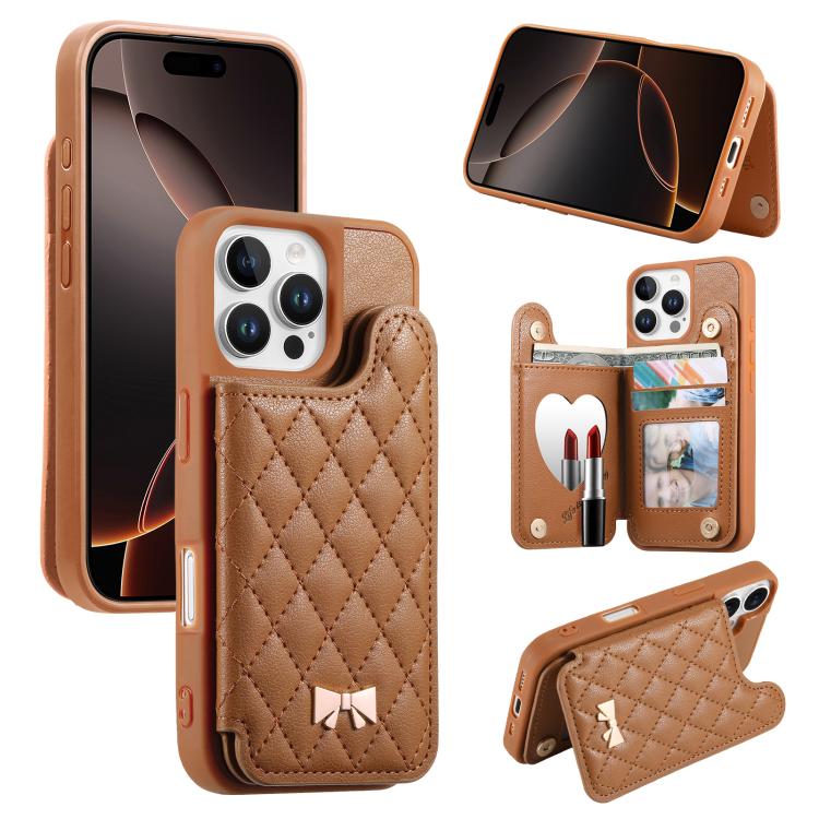 Spiegel, rautenförmige Textur, Metallschleife, veganes Leder, Kartenfach, Handyhülle, für iPhone 17 Pro Max, für iPhone 17 Pro, für iPhone 17, für iPhone 16 Pro Max, für iPhone 16 Pro, für iPhone 16 Plus, für iPhone 16