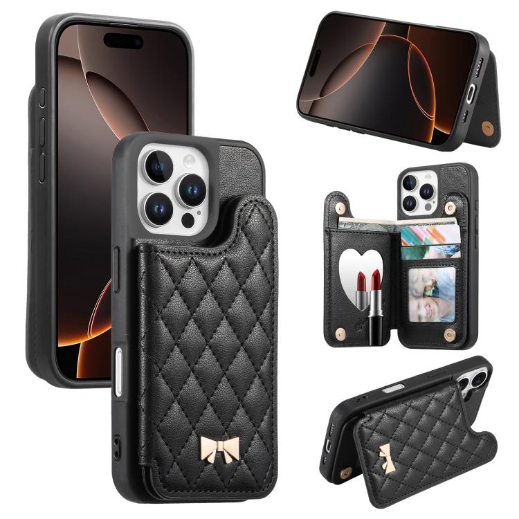 Spiegel, rautenförmige Textur, Metallschleife, veganes Leder, Kartenfach, Handyhülle, für iPhone 17 Pro Max, für iPhone 17 Pro, für iPhone 17, für iPhone 16 Pro Max, für iPhone 16 Pro, für iPhone 16 Plus, für iPhone 16