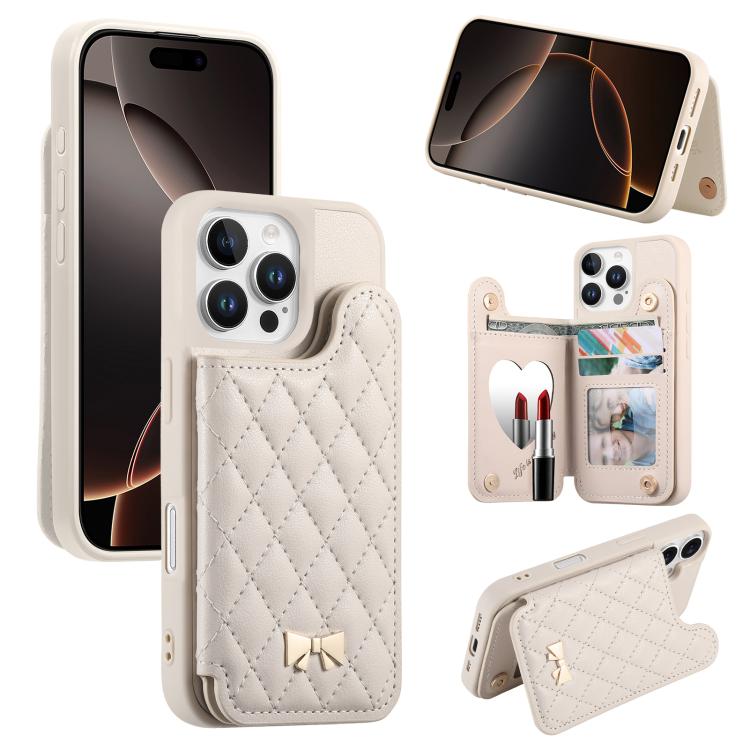 Spiegel, rautenförmige Textur, Metallschleife, veganes Leder, Kartenfach, Handyhülle, für iPhone 17 Pro Max, für iPhone 17 Pro, für iPhone 17, für iPhone 16 Pro Max, für iPhone 16 Pro, für iPhone 16 Plus, für iPhone 16