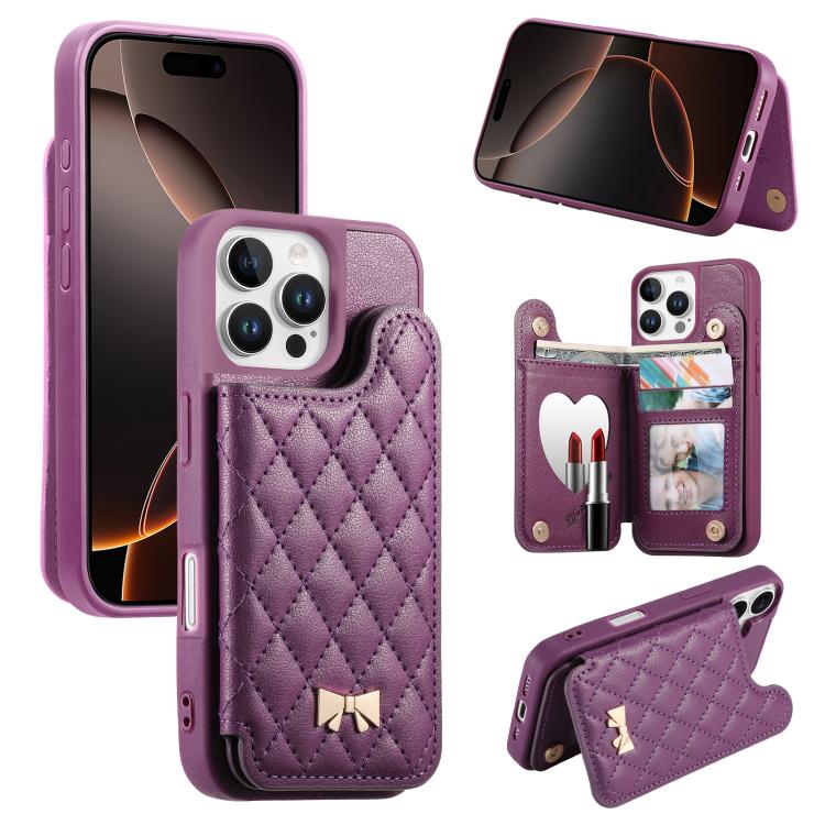 Spiegel, rautenförmige Textur, Metallschleife, veganes Leder, Kartenfach, Handyhülle, für iPhone 17 Pro Max, für iPhone 17 Pro, für iPhone 17, für iPhone 16 Pro Max, für iPhone 16 Pro, für iPhone 16 Plus, für iPhone 16