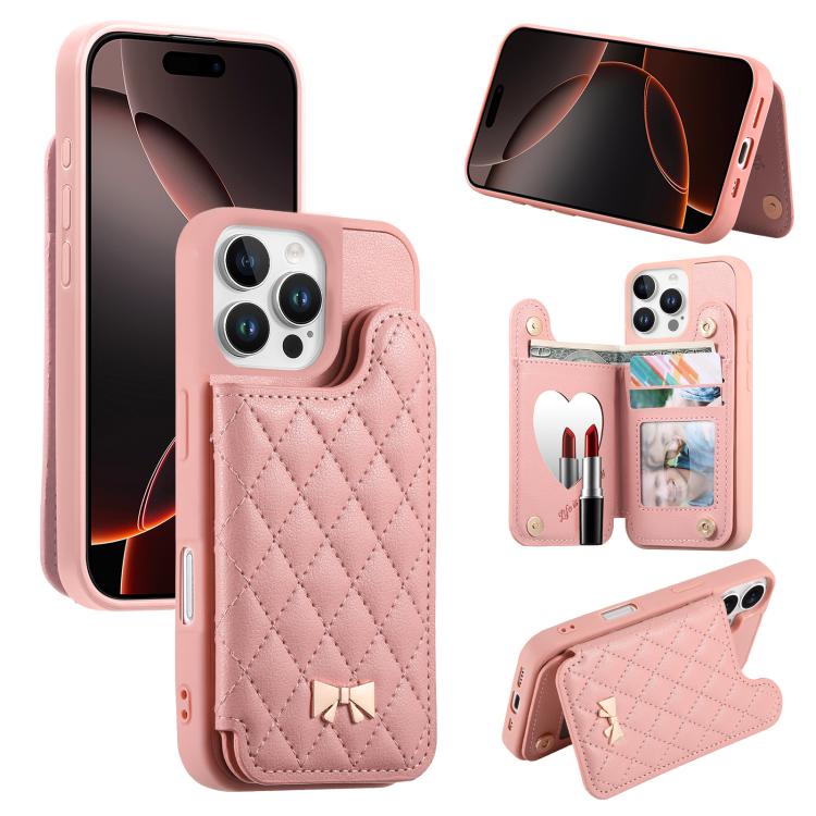 Spiegel, rautenförmige Textur, Metallschleife, veganes Leder, Kartenfach, Handyhülle, für iPhone 17 Pro Max, für iPhone 17 Pro, für iPhone 17, für iPhone 16 Pro Max, für iPhone 16 Pro, für iPhone 16 Plus, für iPhone 16