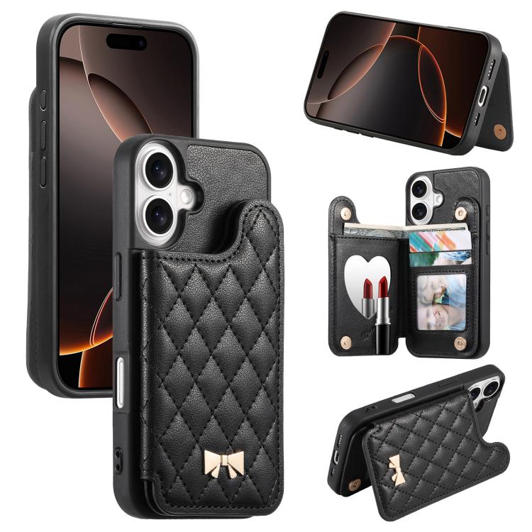 Spiegel, rautenförmige Textur, Metallschleife, veganes Leder, Kartenfach, Handyhülle, für iPhone 17 Pro Max, für iPhone 17 Pro, für iPhone 17, für iPhone 16 Pro Max, für iPhone 16 Pro, für iPhone 16 Plus, für iPhone 16