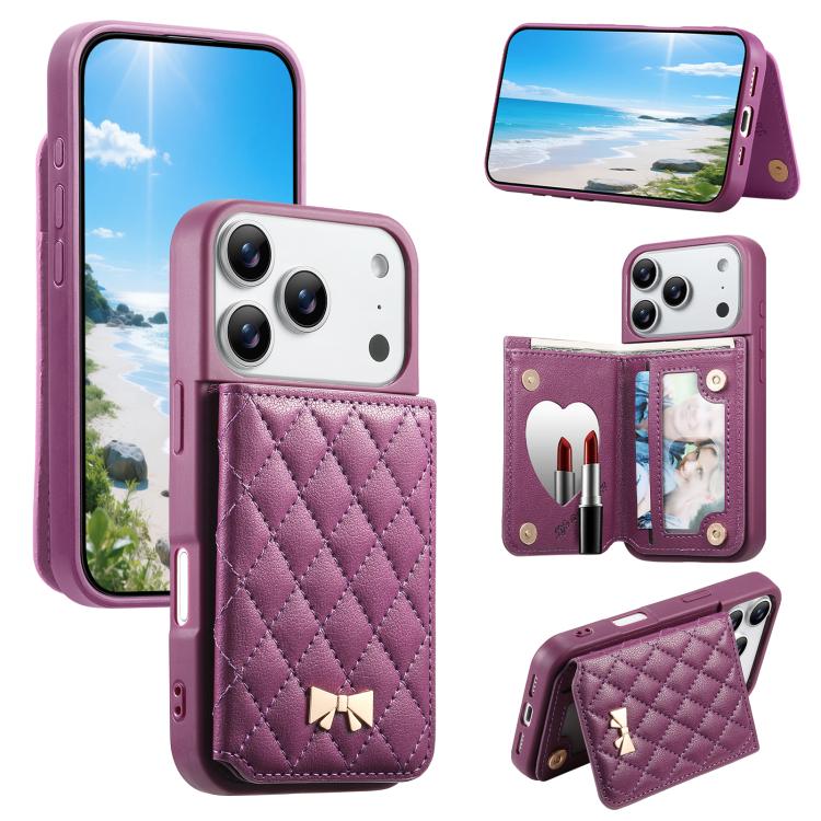 Spiegel, rautenförmige Textur, Metallschleife, veganes Leder, Kartenfach, Handyhülle, für iPhone 17 Pro Max, für iPhone 17 Pro, für iPhone 17, für iPhone 16 Pro Max, für iPhone 16 Pro, für iPhone 16 Plus, für iPhone 16