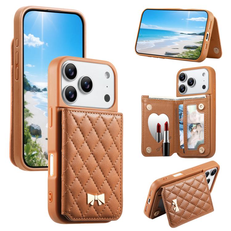 Spiegel, rautenförmige Textur, Metallschleife, veganes Leder, Kartenfach, Handyhülle, für iPhone 17 Pro Max, für iPhone 17 Pro, für iPhone 17, für iPhone 16 Pro Max, für iPhone 16 Pro, für iPhone 16 Plus, für iPhone 16
