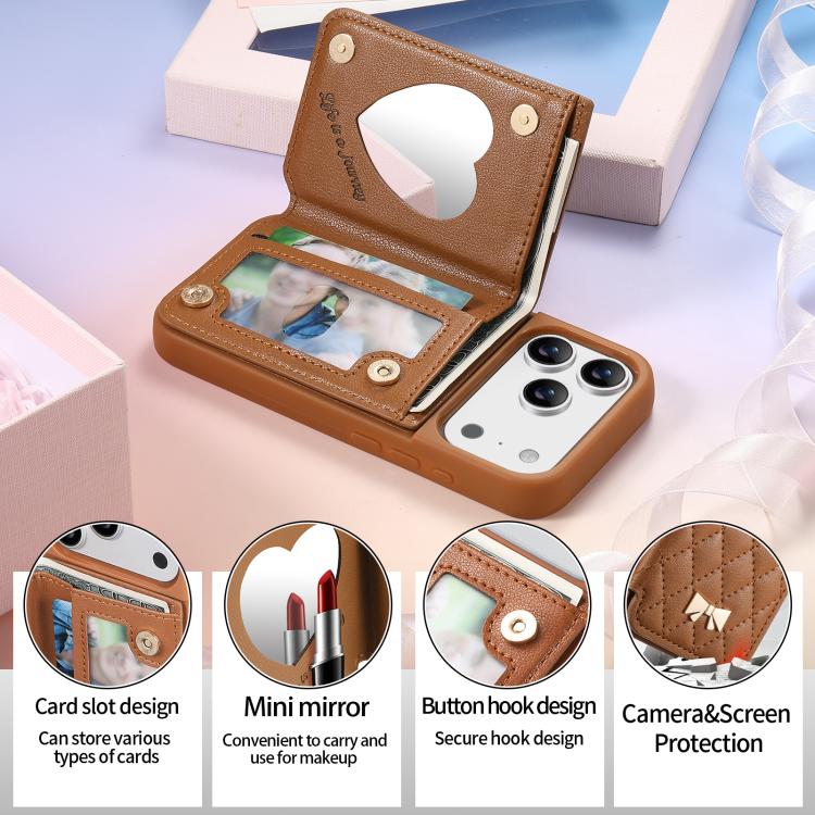 Spiegel, rautenförmige Textur, Metallschleife, veganes Leder, Kartenfach, Handyhülle, für iPhone 17 Pro Max, für iPhone 17 Pro, für iPhone 17, für iPhone 16 Pro Max, für iPhone 16 Pro, für iPhone 16 Plus, für iPhone 16