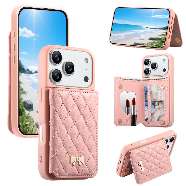 Spiegel, rautenförmige Textur, Metallschleife, veganes Leder, Kartenfach, Handyhülle, für iPhone 17 Pro Max, für iPhone 17 Pro, für iPhone 17, für iPhone 16 Pro Max, für iPhone 16 Pro, für iPhone 16 Plus, für iPhone 16