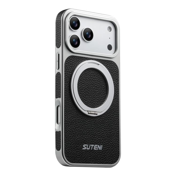 Suteni G6 Large Litchi Texture Electroplated 360 Rotation Holder Magnetic Phone Case, For iPhone 17 Pro Max, For iPhone 17 Pro, For iPhone 17, For iPhone 16 Pro Max, For iPhone 16 Pro, For iPhone 16, For iPhone 15 Pro Max, For iPhone 15 Pro, For iPhone...