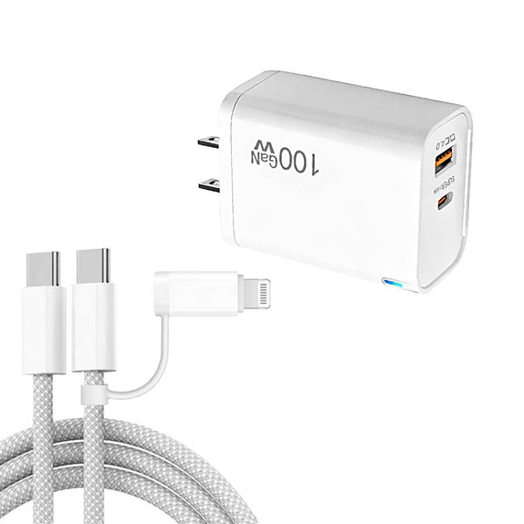 PD47 100W GaN PD Type-C + QC3.0 USB-Ladegerät mit Type-C zu Type-C / 8-Pin-Datenkabel, US-Stecker, US-Stecker