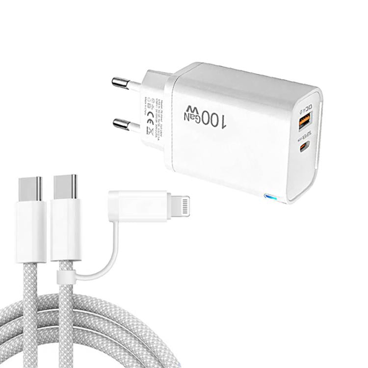 PD47 100W GaN PD Type-C + QC3.0 USB-Ladegerät mit Type-C zu Type-C / 8-Pin-Datenkabel, EU-Stecker, EU-Stecker