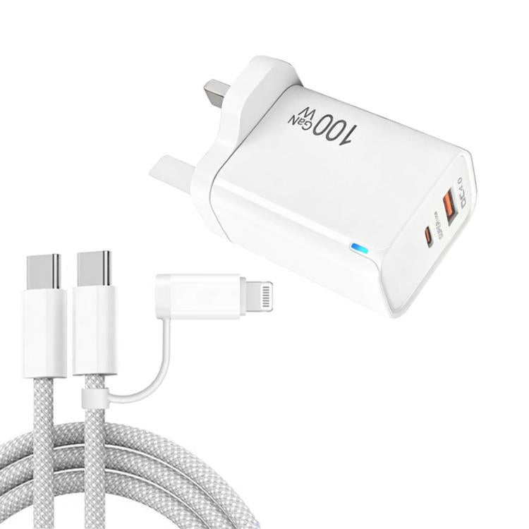 PD47 100W GaN PD Type-C + QC3.0 USB-Ladegerät mit Type-C zu Type-C / 8-Pin-Datenkabel, UK-Stecker, UK-Stecker