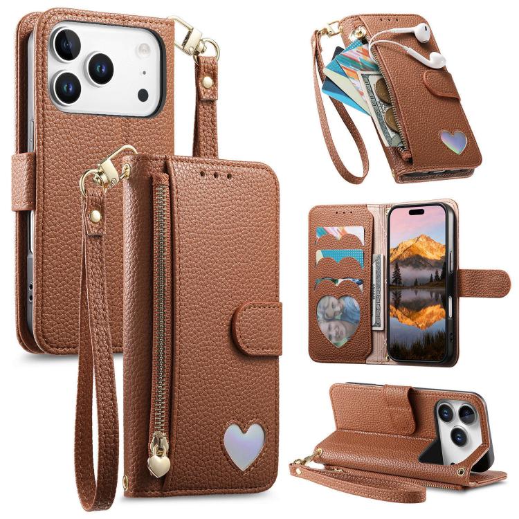 Fantasy Love Herz Reißverschluss Geldbörse Vegan Leder Handyhülle mit Riemen, Für iPhone 17 Pro Max, Für iPhone 17 Pro, Für iPhone 17, Für iPhone Air, Für iPhone 16 Pro Max, Für iPhone 16 Pro, Für iPhone 16 Plus, Für iPhone 16, Für iPhone 15 Pro Max