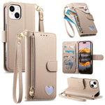 Fantasy Love Heart Zipper Wallet Vegan Leather Phone Case with Strap, For iPhone 13