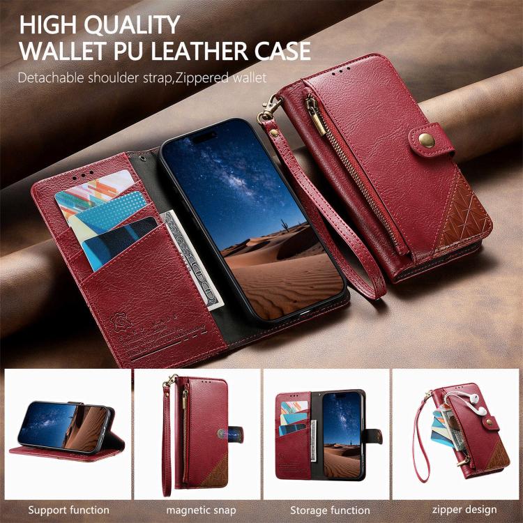 Splicing Zipper Wallet Vegan Leather Phone Case with Strap, For iPhone 15 Pro Max, For iPhone 15 Pro, For iPhone 15 Plus, For iPhone 15