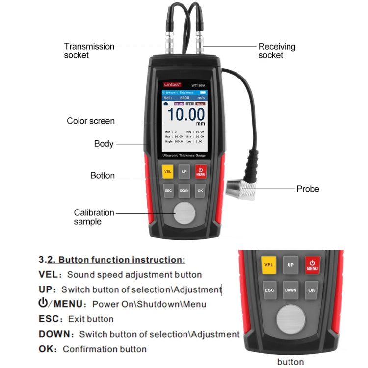 WT100A Digitales Ultraschall-Dickenmessgerät Tester USB-Ladung Digitales Dicken-Metallmessgerät Hochpräzise, WT100A