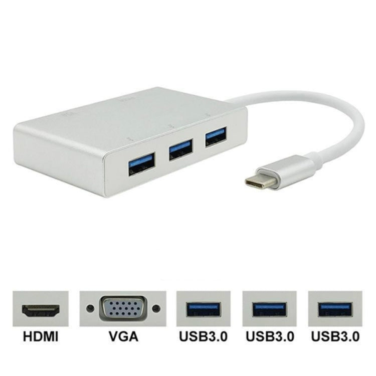 USB-C zu HDMI VGA USB Hub Adapter 5 in 1 USB 3.1 Konverter für Laptop für MacBook, ChromeBook Pixel, Huawei MateBook, HDMI+VGA+3xUSB3.0 zu Typ-C