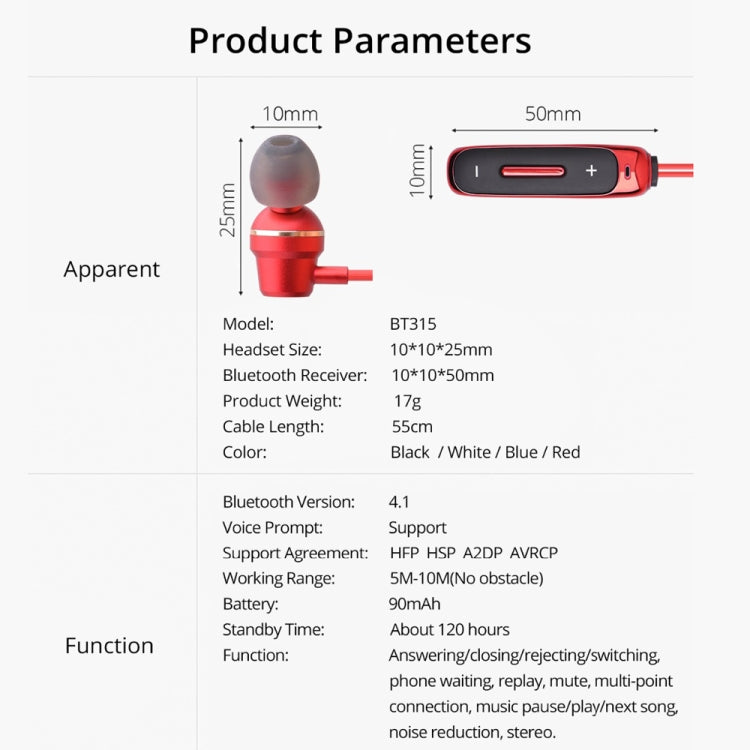 BT315 Sport Bluetooth Headset Kabelloser Stereo-Kopfhörer Bluetooth 4.1 Ohrhörer mit Mikrofon Sport-Bass Magnetische Halskette Ohrhörer