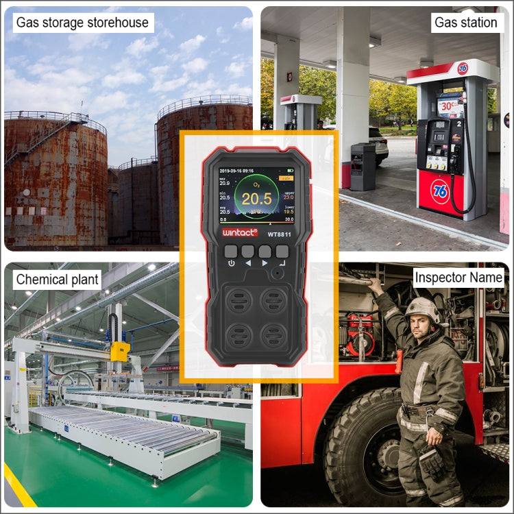 WINTACT WT8811 Mehrgas-Monitor LCD-Display Wiederaufladbar Multifunktion 4 in 1 Brennbare O2 H2S CO Gassensor Ton-Licht Vibration Alarm