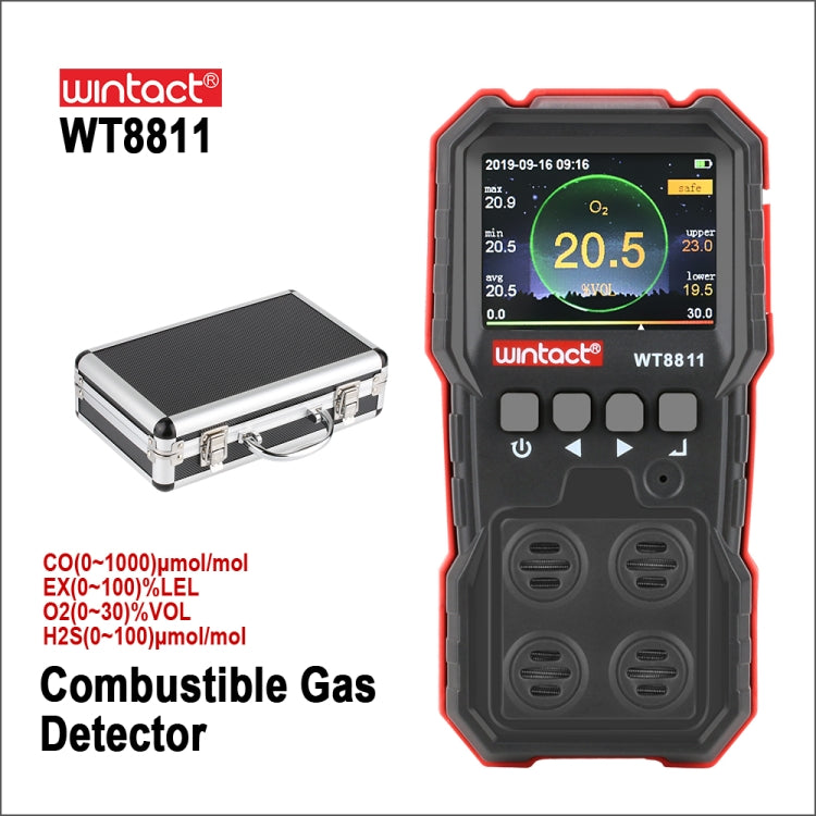 WINTACT WT8811 Mehrgas-Monitor LCD-Display Wiederaufladbar Multifunktion 4 in 1 Brennbare O2 H2S CO Gassensor Ton-Licht Vibration Alarm