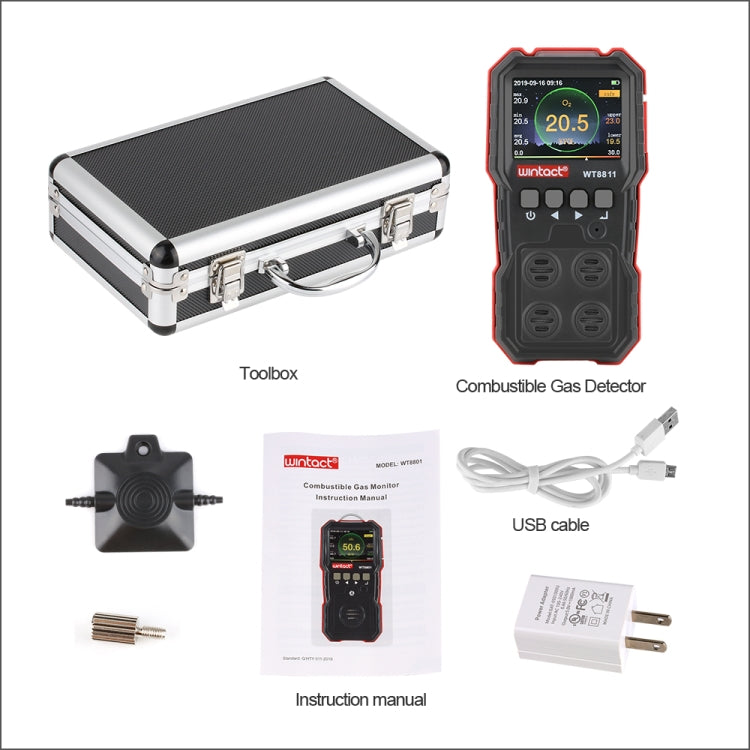 WINTACT WT8811 Mehrgas-Monitor LCD-Display Wiederaufladbar Multifunktion 4 in 1 Brennbare O2 H2S CO Gassensor Ton-Licht Vibration Alarm