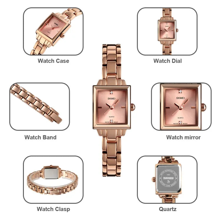 SKMEI 1407 Business Fashion Damenuhr mit Strass, zart und elegant, quadratisch, Zinklegierung, Quarzuhr für Damen, Silber