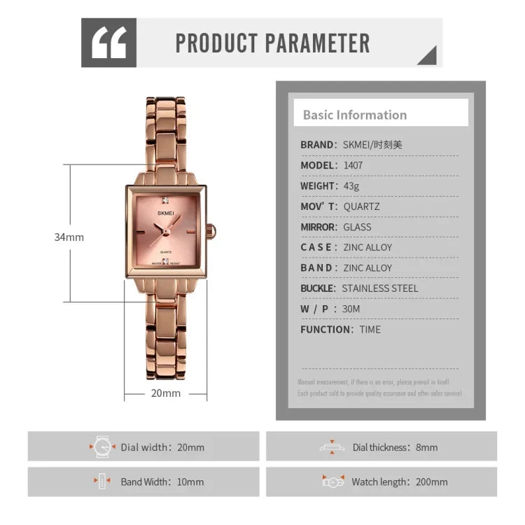 SKMEI 1407 Business Fashion Damenuhr mit Strass, zart und elegant, quadratisch, Zinklegierung, Quarzuhr für Damen, Silber