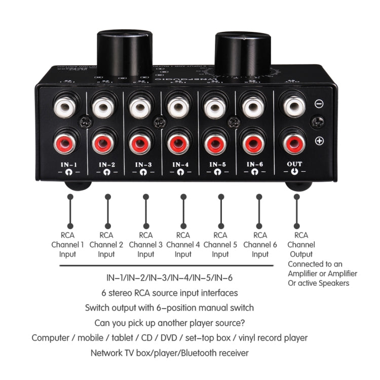 B016 6 Eingänge 1 Ausgang Audio-Signalquellen-Auswahlschalter, Ausgangslautstärke-Regler RCA-Anschluss, 6 Eingänge 1 Ausgang