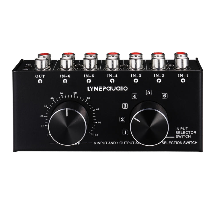 B016 6 Eingänge 1 Ausgang Audio-Signalquellen-Auswahlschalter, Ausgangslautstärke-Regler RCA-Anschluss, 6 Eingänge 1 Ausgang