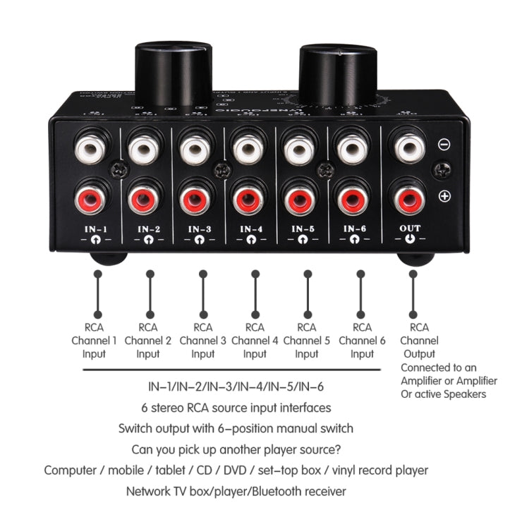 B016 6 Eingänge 1 Ausgang Audio-Signalquellen-Auswahlschalter, Ausgangslautstärke-Regler RCA-Anschluss, 6 Eingänge 1 Ausgang