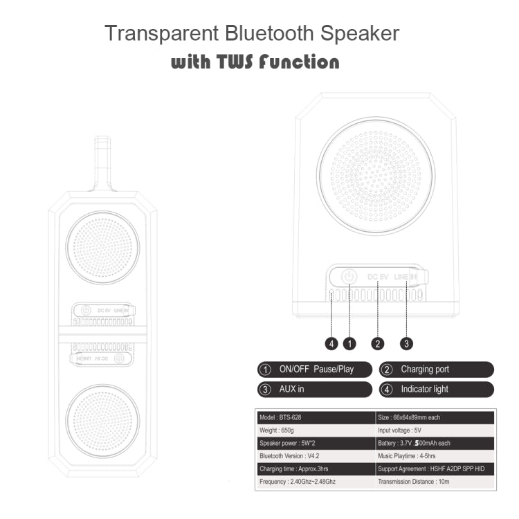 BT628 10W Tragbare TWS Transparente Bluetooth-Lautsprecher mit magnetisch verbindbarer Basis Outdoor Stereo Bass Subwoofer