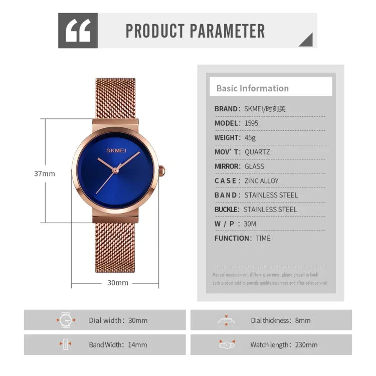 Skmei 1595 Mode Elegante Skalenfreie Edelstahl-Mesh-Armband Damenuhr Wasserdichte Business Studenten Quarzuhr Damen
