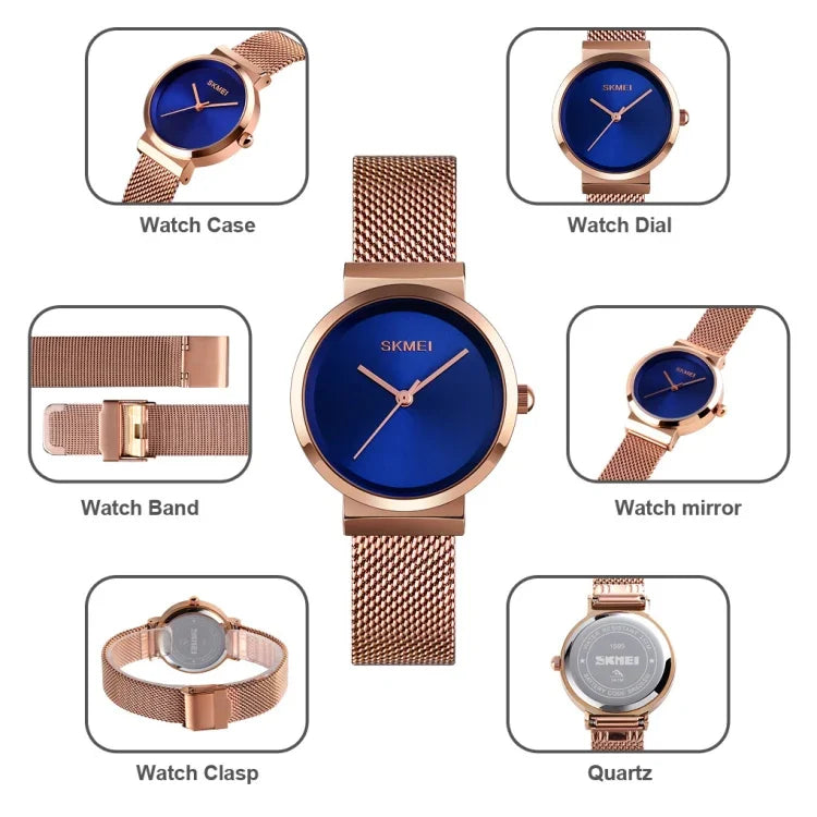 Skmei 1595 Mode Elegante Skalenfreie Edelstahl-Mesh-Armband Damenuhr Wasserdichte Business Studenten Quarzuhr Damen