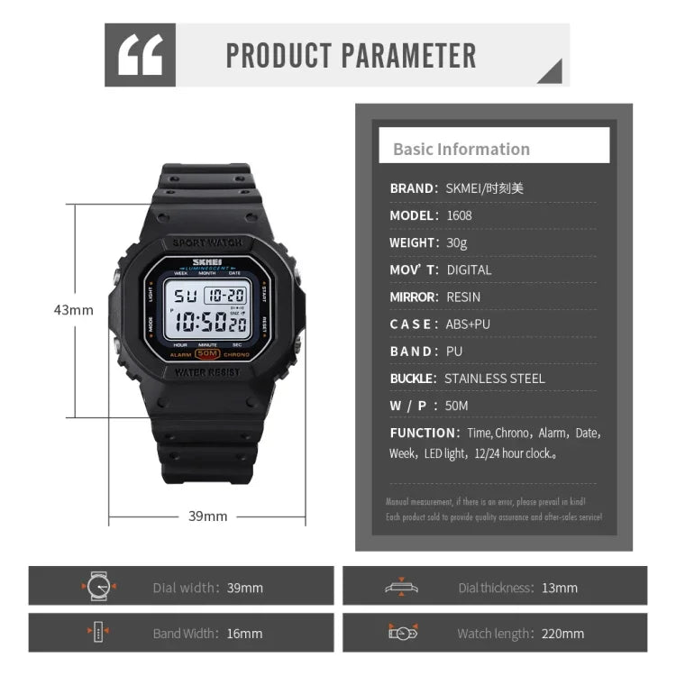 Skmei 1608 Multi-Function Student Electronic Watch Waterproof Timing Silicone Sports Watch