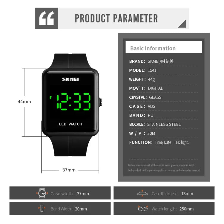 SKMEI 1541 Mode-LED-Uhr, quadratisches Paar-Modell, wasserdichte elektronische Uhr, Silikonuhr