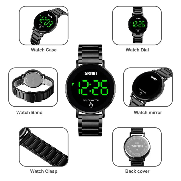 SKMEI 1550 Einfache und stilvolle LED-Touchscreen Herrenuhr Wasserdichtes Edelstahlarmband mit elektronischem Uhrwerk